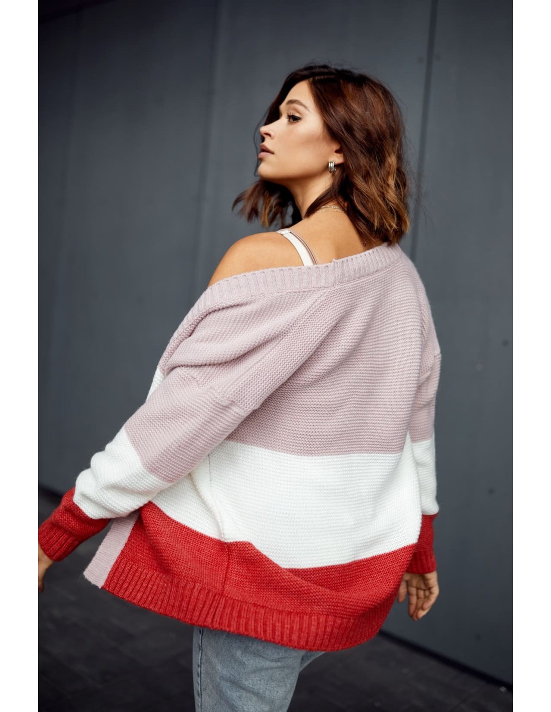 Cardigan scurt tricolor, roz inchis si rosu 3211070 - Magazin online - Boutique